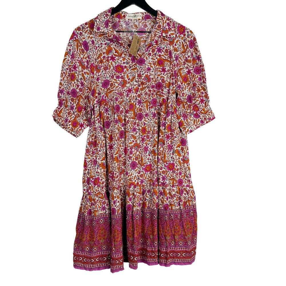 New Natural Life Becca Short Dress in Pink Floral Border - S